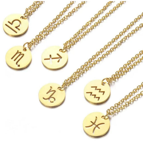 18K Gold Zodiac Necklace — Waterproof Tarnish-Free Stainless Steel, Hollow Round Pendant, Cable Chain, Gift for Her